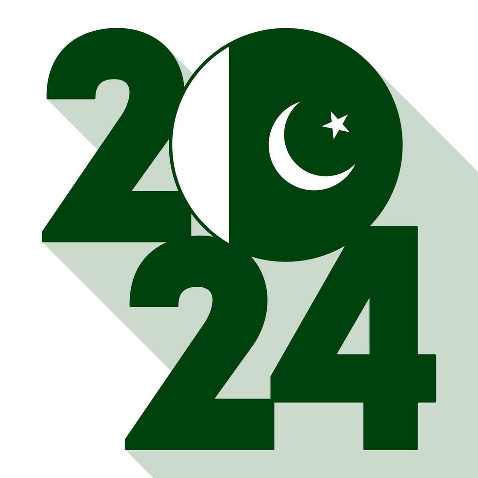 Happy New Year 2024, long shadow banner with Pakistan flag inside. Vector illustration.