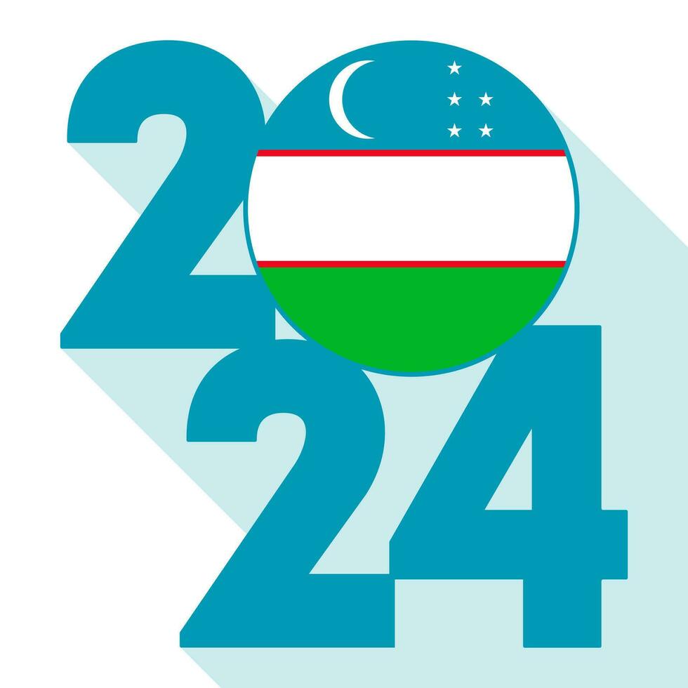 Happy New Year 2024, long shadow banner with Uzbekistan flag inside. Vector illustration.