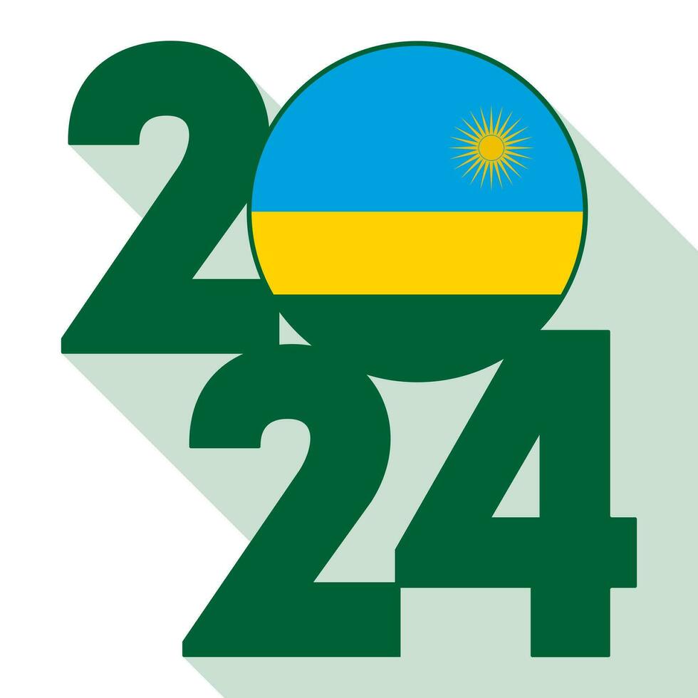 Happy New Year 2024, long shadow banner with Rwanda flag inside. Vector illustration.