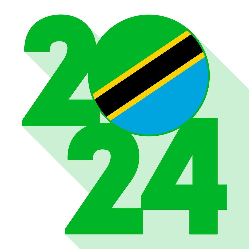 Happy New Year 2024, long shadow banner with Tanzania flag inside. Vector illustration.