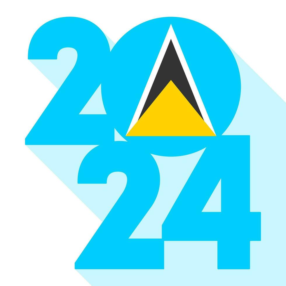 Happy New Year 2024, long shadow banner with Saint Lucia flag inside. Vector illustration.