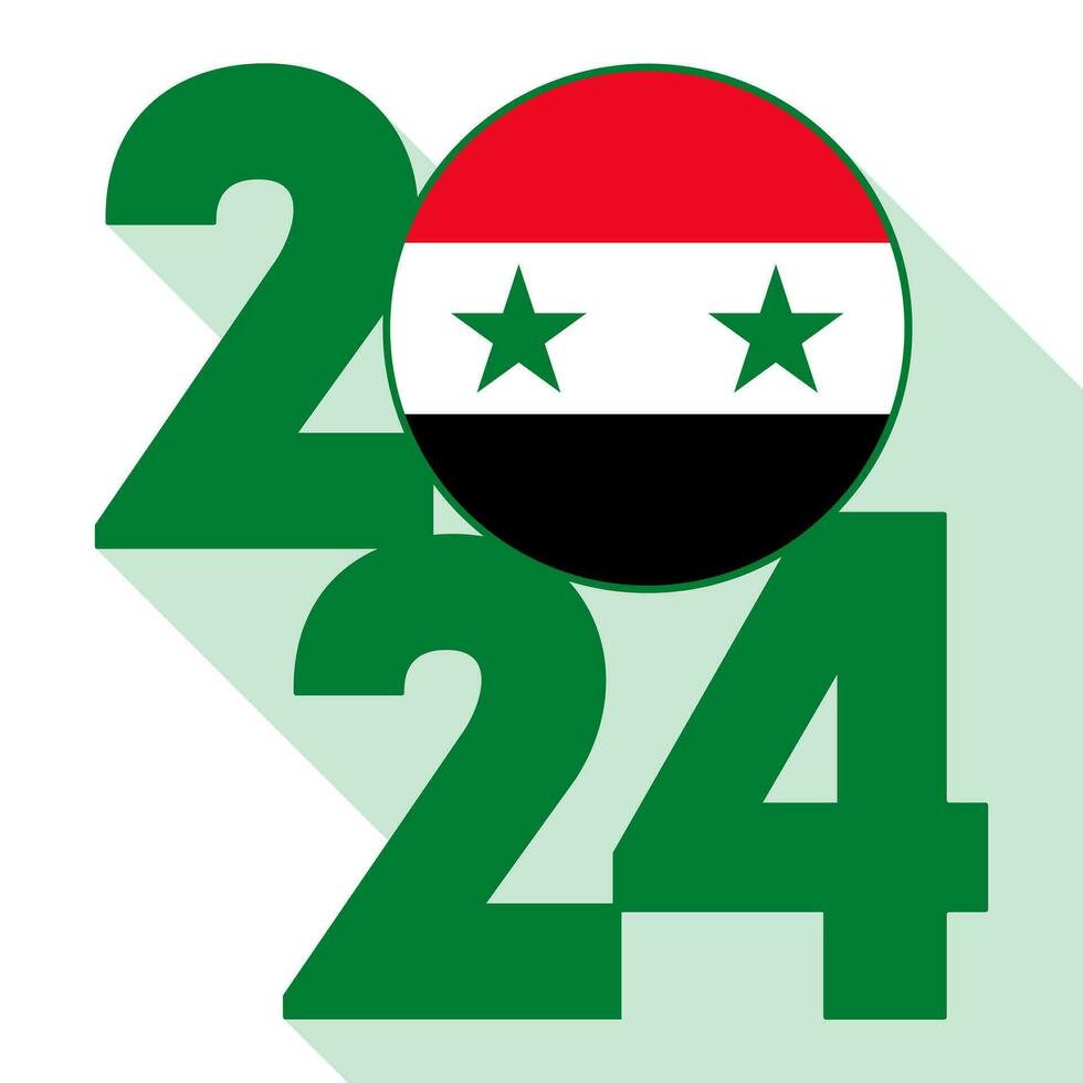 Happy New Year 2024, long shadow banner with Syria flag inside. Vector illustration.