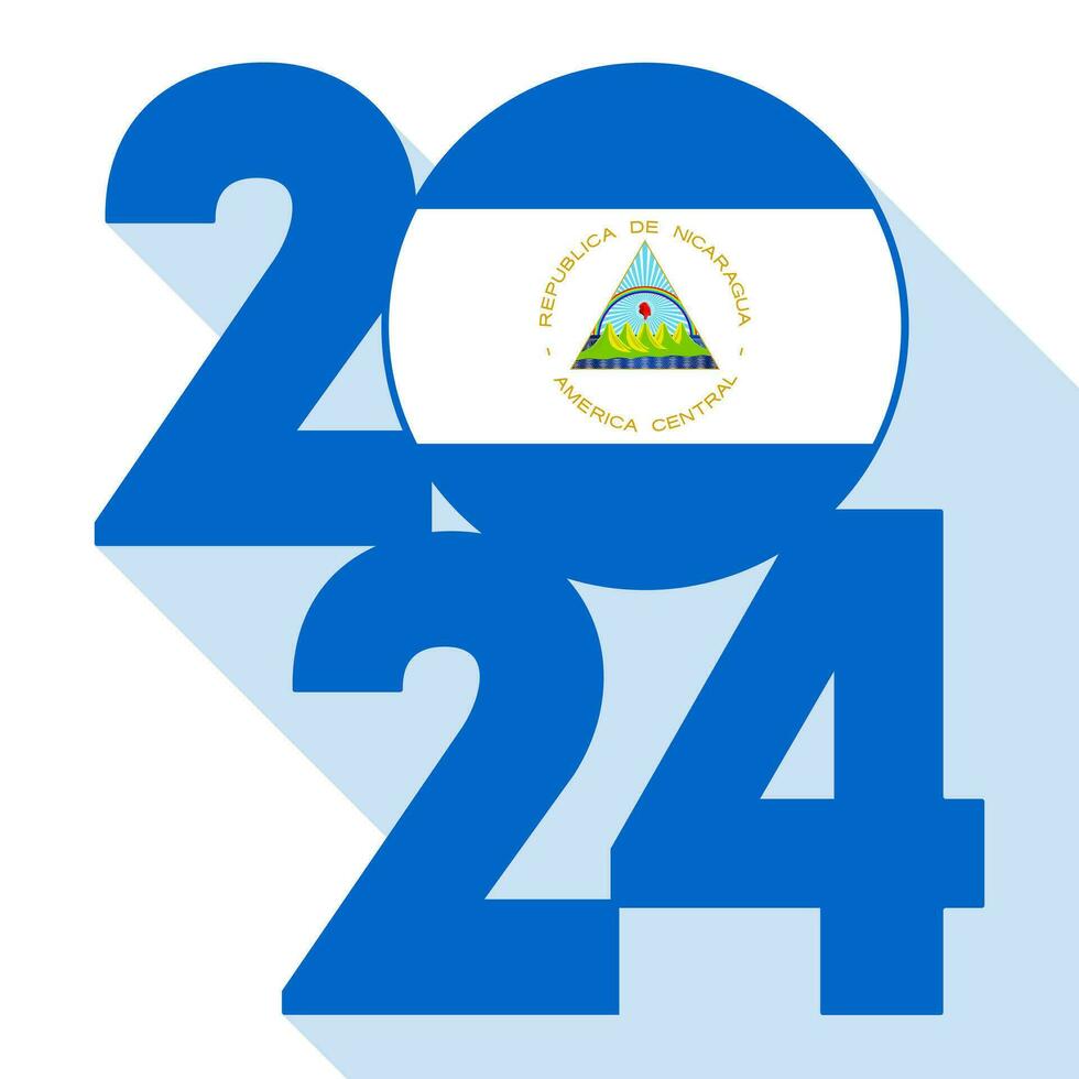 Happy New Year 2024, long shadow banner with Nicaragua flag inside. Vector illustration.