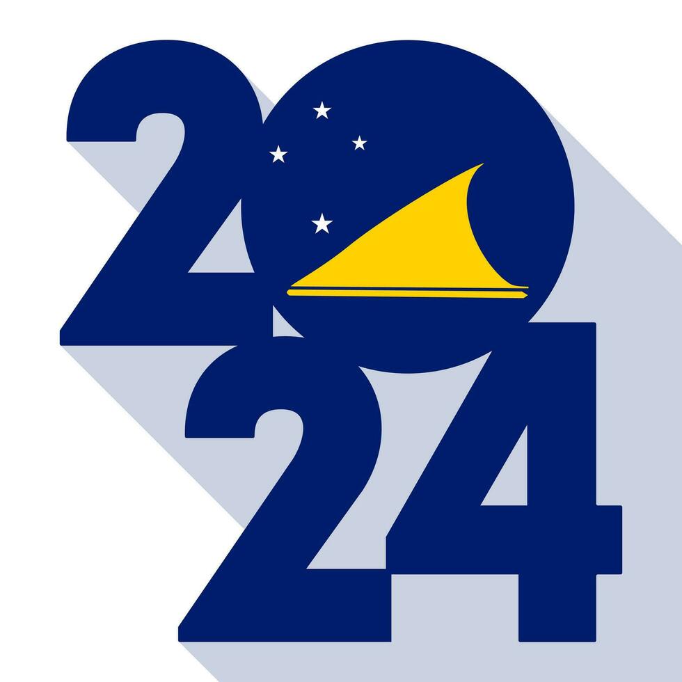 Happy New Year 2024, long shadow banner with Tokelau flag inside. Vector illustration.