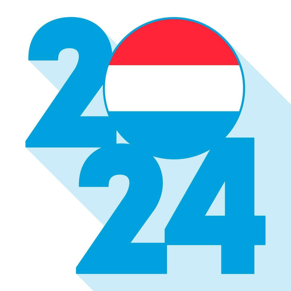 Happy New Year 2024, long shadow banner with Luxembourg flag inside. Vector illustration.