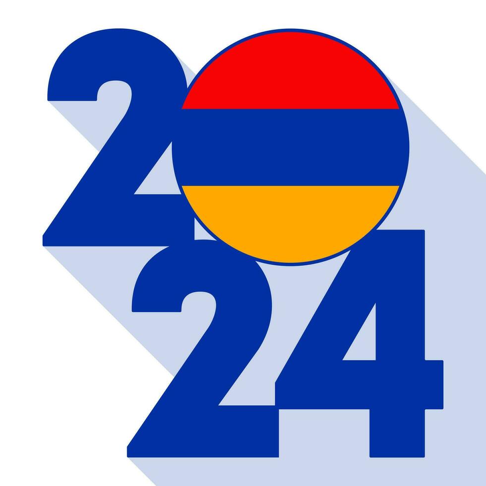 Happy New Year 2024, long shadow banner with Armenia flag inside. Vector illustration.