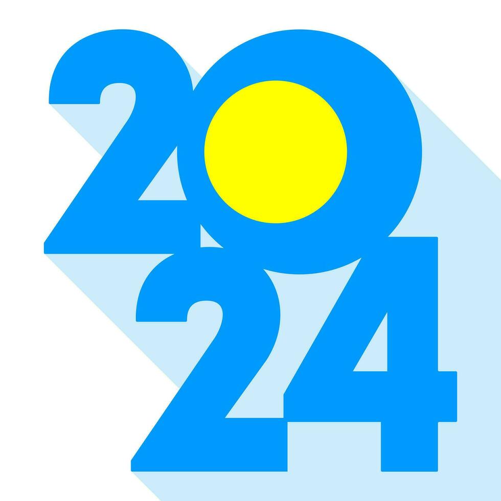 Happy New Year 2024, long shadow banner with Palau flag inside. Vector illustration.