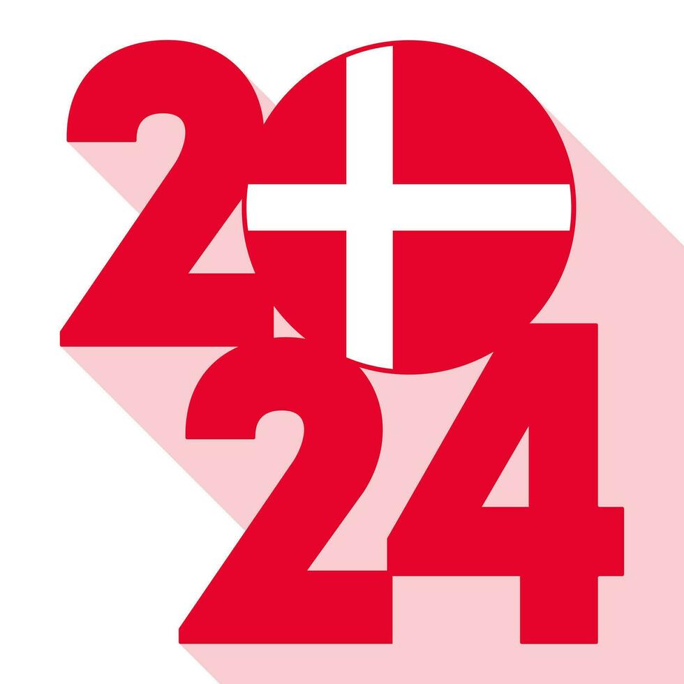 Happy New Year 2024, long shadow banner with Denmark flag inside. Vector illustration.