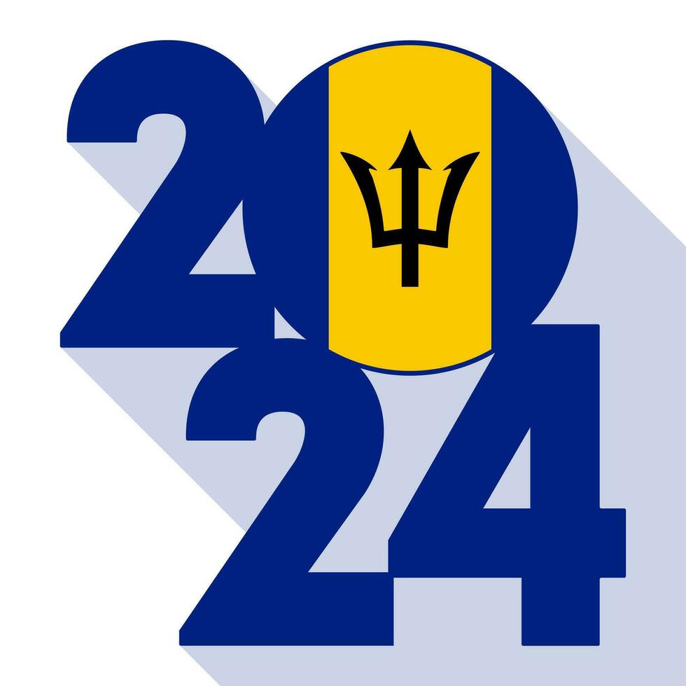 Happy New Year 2024, long shadow banner with Barbados flag inside. Vector illustration.
