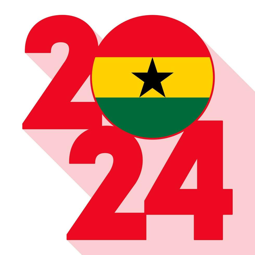 Happy New Year 2024, long shadow banner with Ghana flag inside. Vector illustration.