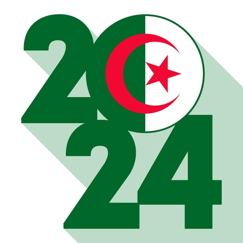 Happy New Year 2024, long shadow banner with Algeria flag inside. Vector illustration.