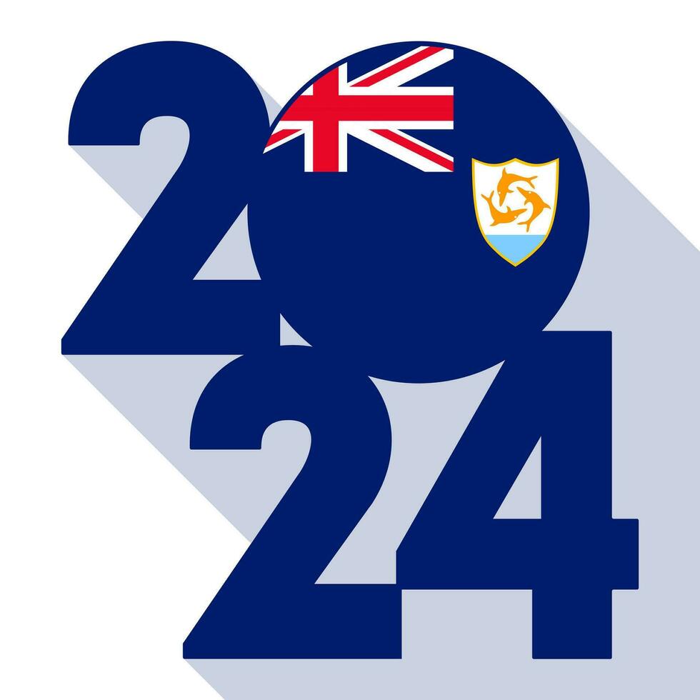 Happy New Year 2024, long shadow banner with Anguilla flag inside. Vector illustration.