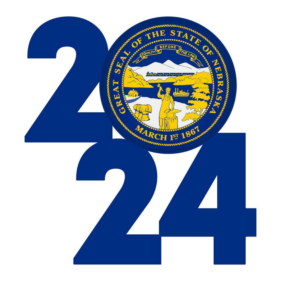 2024 banner with Nebraska state flag inside. Vector illustration.