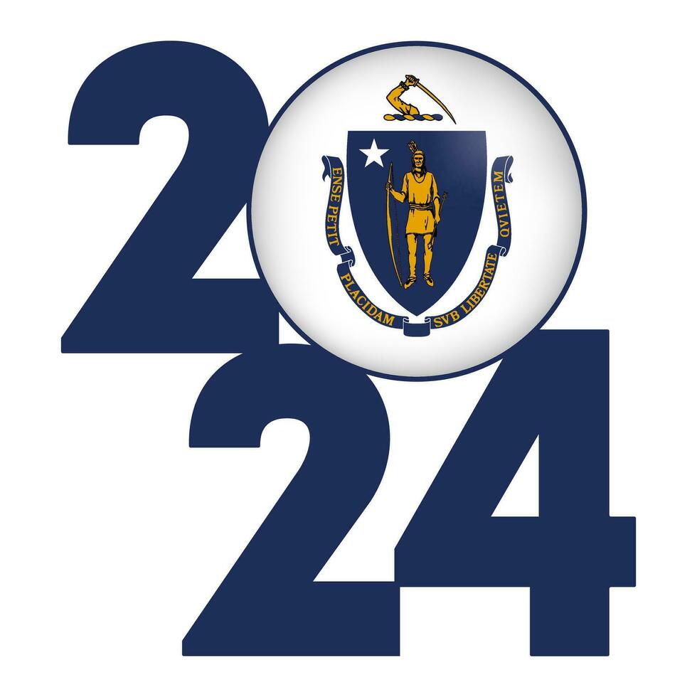 2024 banner with Massachusetts state flag inside. Vector illustration.