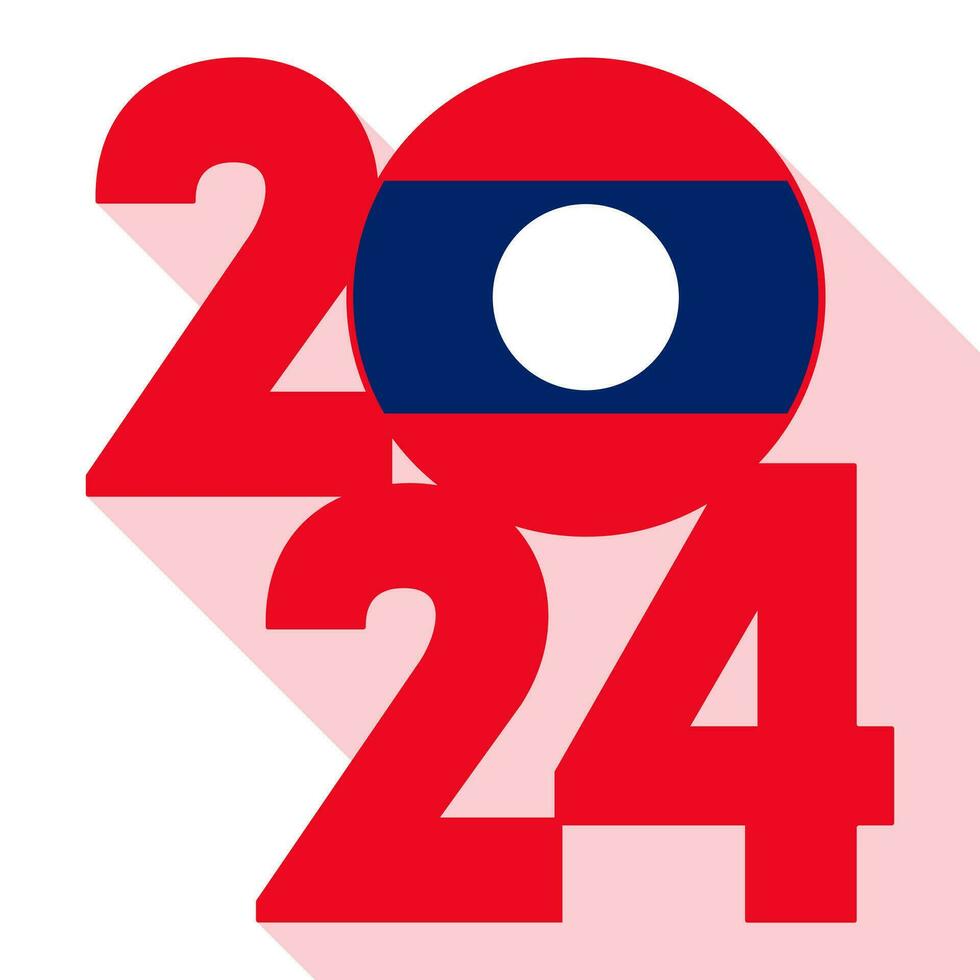 Happy New Year 2024, long shadow banner with Laos flag inside. Vector illustration.