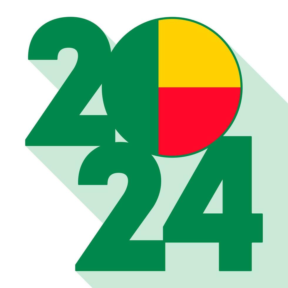 Happy New Year 2024, long shadow banner with Benin flag inside. Vector illustration.