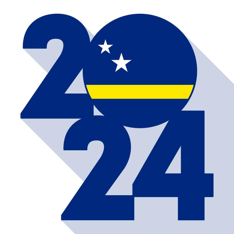 Happy New Year 2024, long shadow banner with Curacao flag inside. Vector illustration.