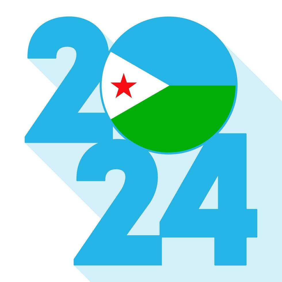 Happy New Year 2024, long shadow banner with Djibouti flag inside. Vector illustration.