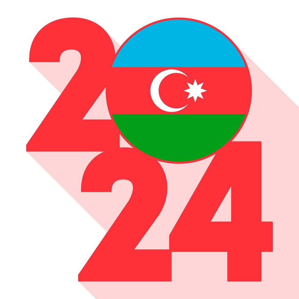 Happy New Year 2024, long shadow banner with Azerbaijan flag inside. Vector illustration.