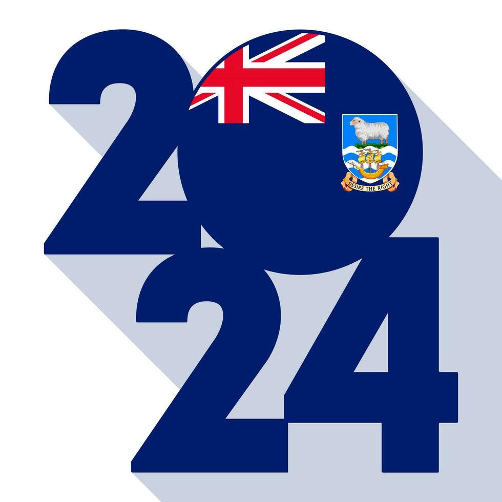 Happy New Year 2024, long shadow banner with Falkland Islands flag inside. Vector illustration.