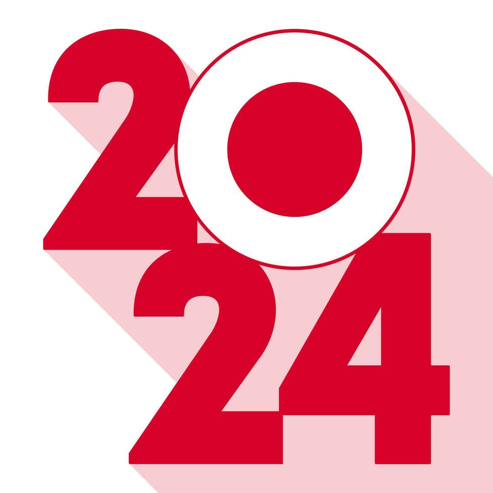 Happy New Year 2024, long shadow banner with Japan flag inside. Vector illustration.