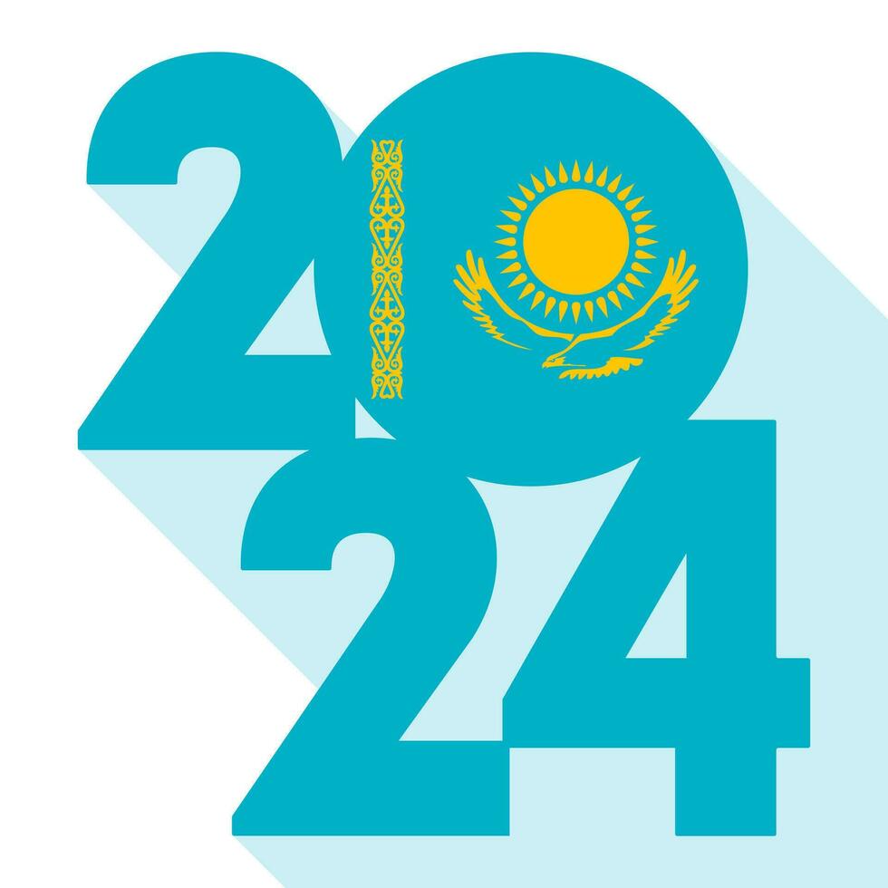 Happy New Year 2024, long shadow banner with Kazakhstan flag inside. Vector illustration.