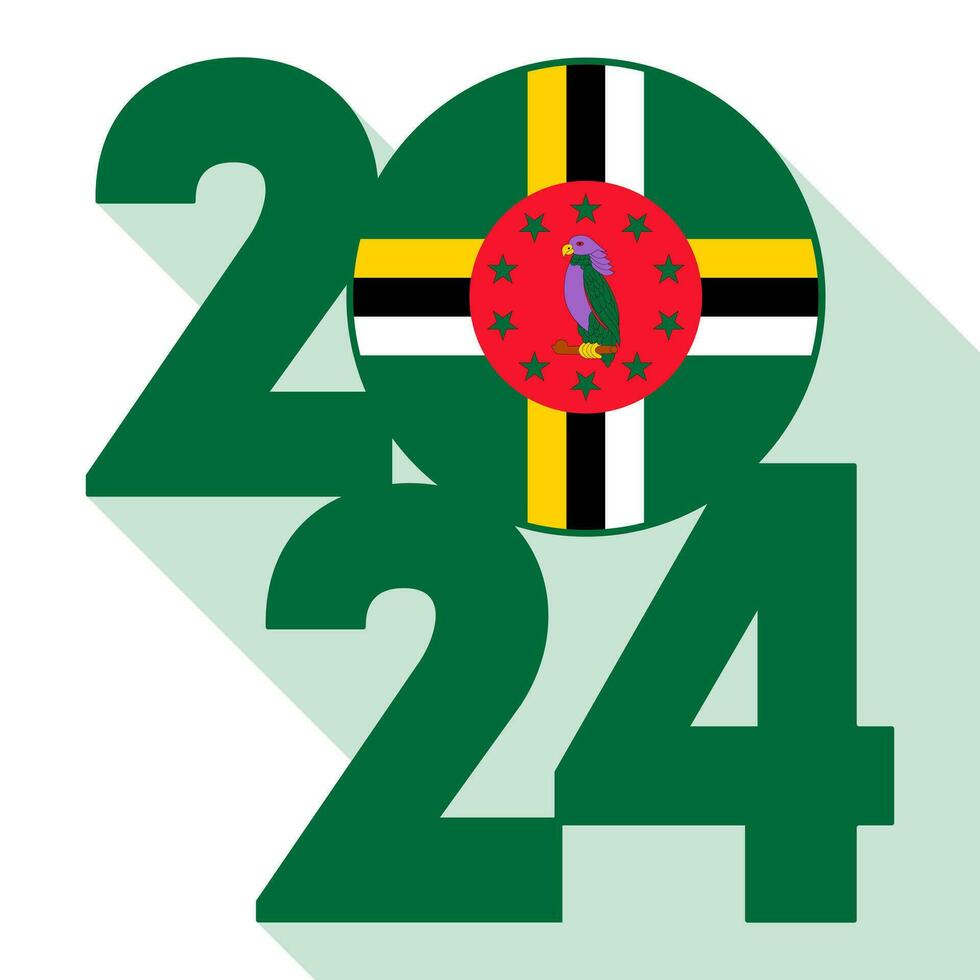 Happy New Year 2024, long shadow banner with Dominica flag inside. Vector illustration.