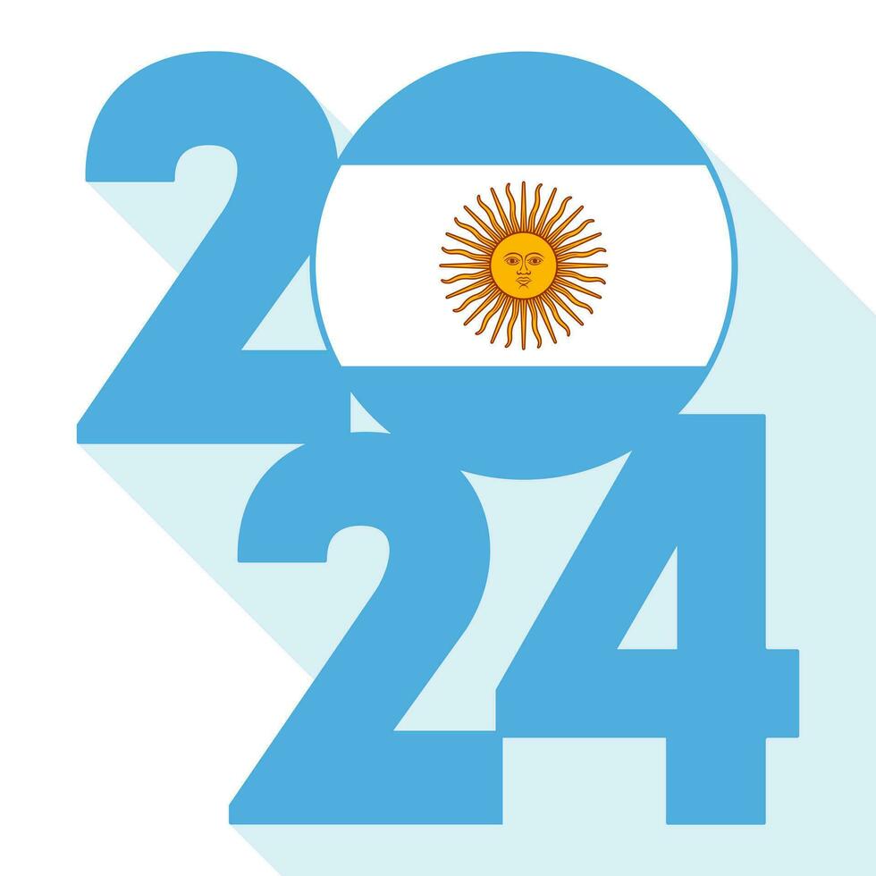 Happy New Year 2024, long shadow banner with Argentina flag inside. Vector illustration.