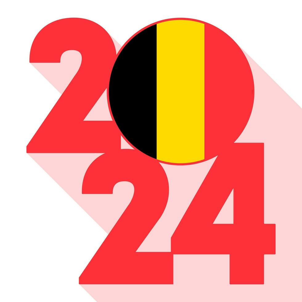 Happy New Year 2024, long shadow banner with Belgium flag inside. Vector illustration.