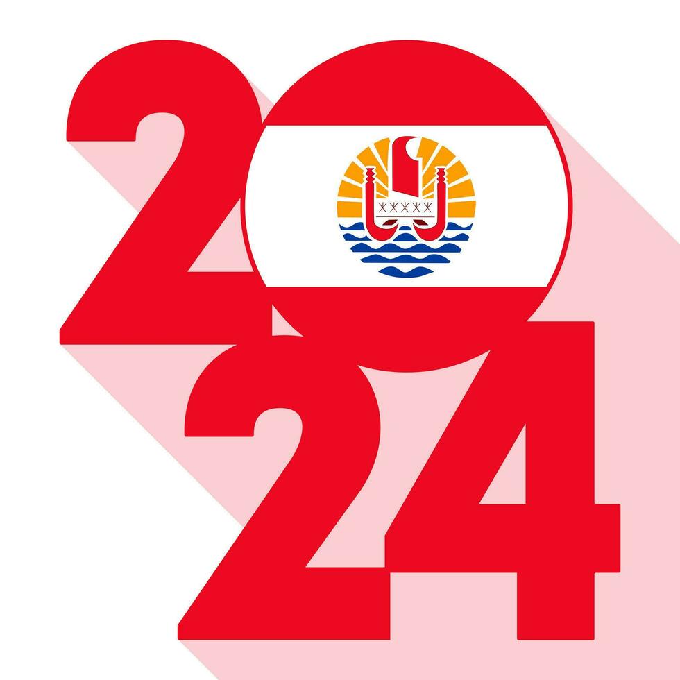 Happy New Year 2024, long shadow banner with French Polynesia flag inside. Vector illustration.