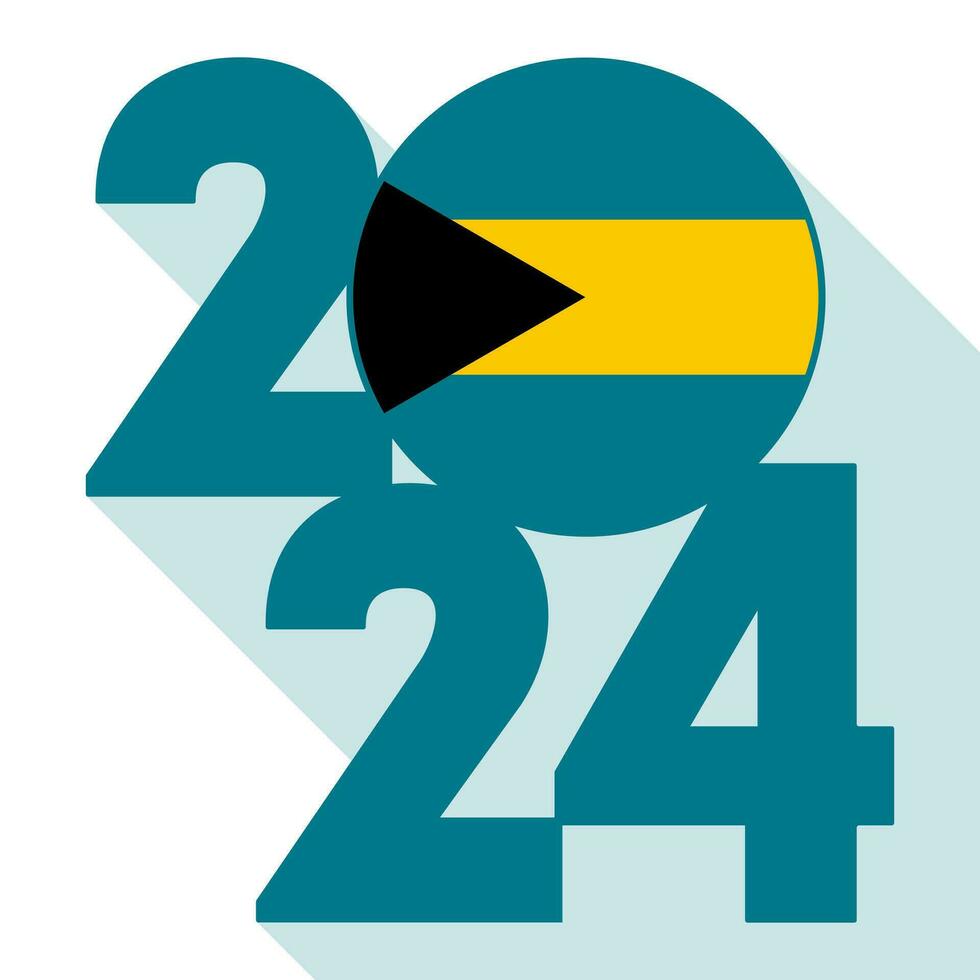 Happy New Year 2024, long shadow banner with Bahamas flag inside. Vector illustration.