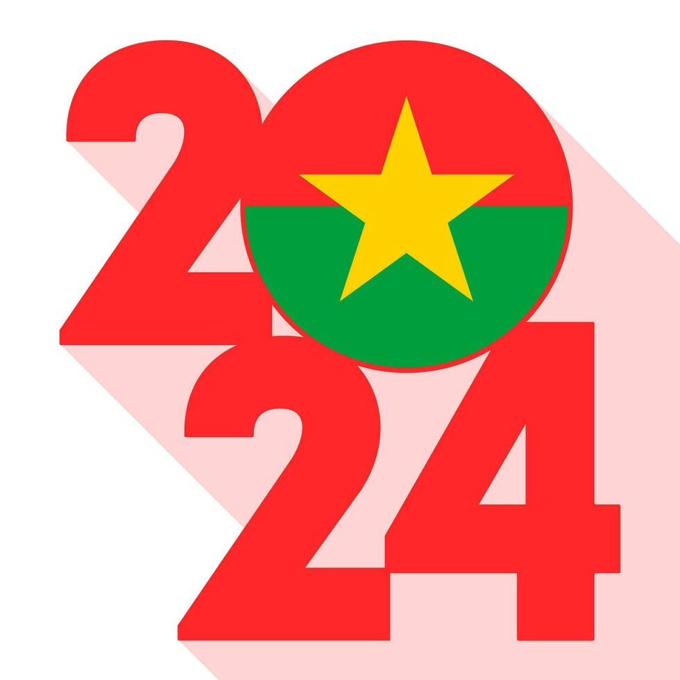 Happy New Year 2024, long shadow banner with Burkina Faso flag inside. Vector illustration.