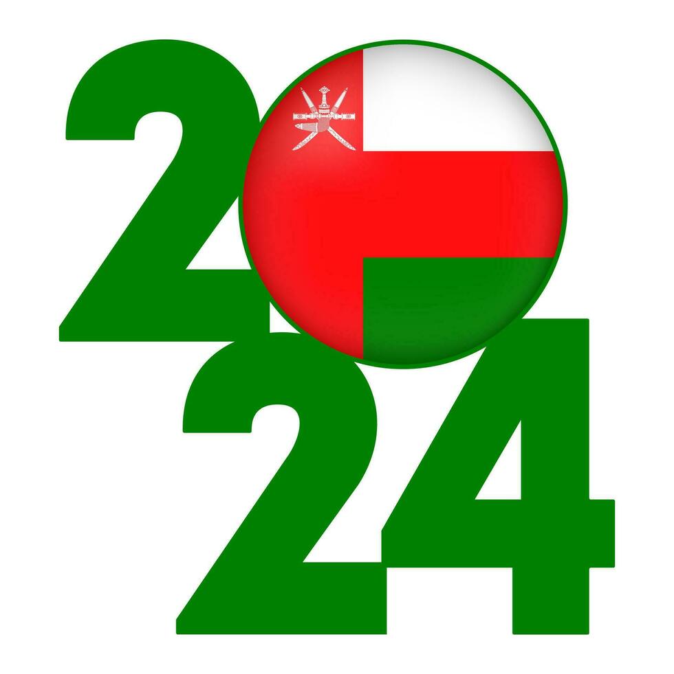 Happy New Year 2024 banner with Oman flag inside. Vector illustration.