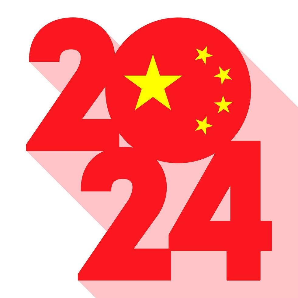 Happy New Year 2024 long shadow banner with China flag inside. Vector illustration.