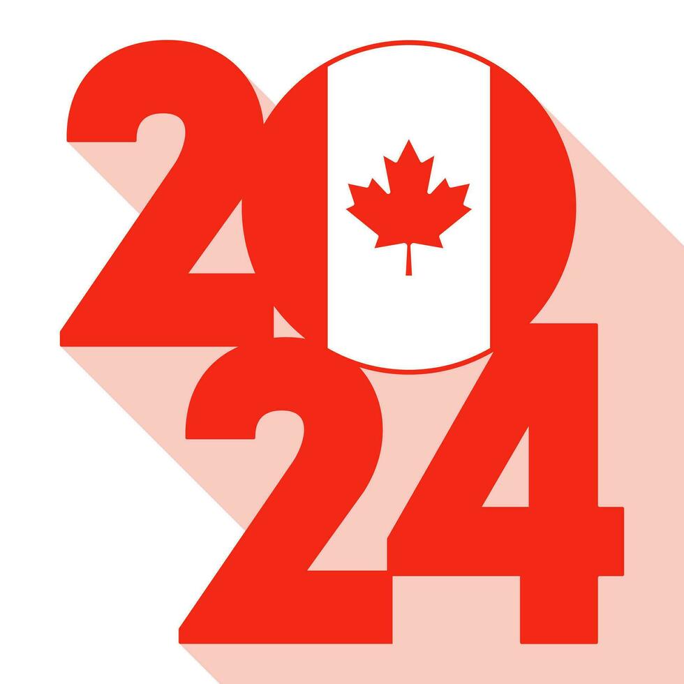 Happy New Year 2024 long shadow banner with Canada flag inside. Vector illustration.