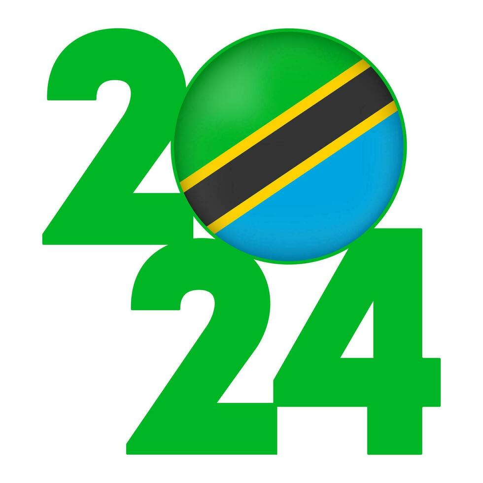 contento nuevo año 2024 bandera con Tanzania bandera adentro. vector ilustración.
