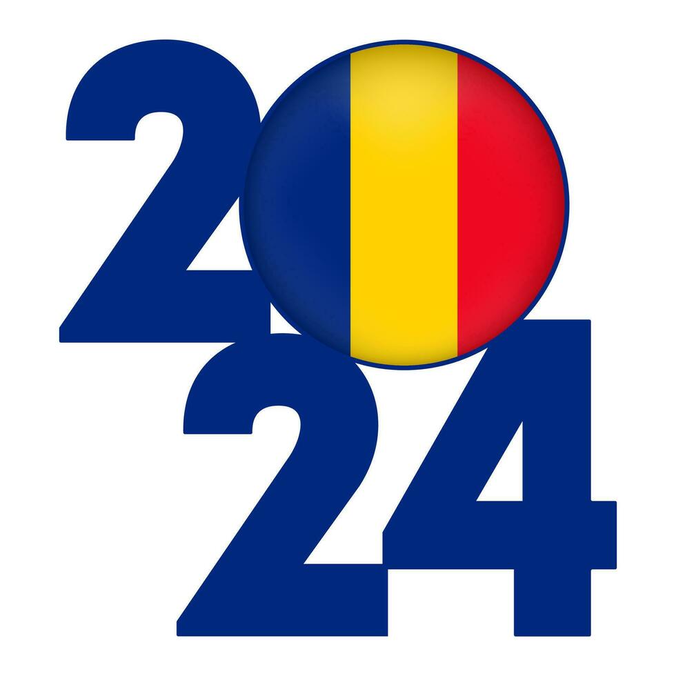 Happy New Year 2024 banner with Romania flag inside. Vector illustration.