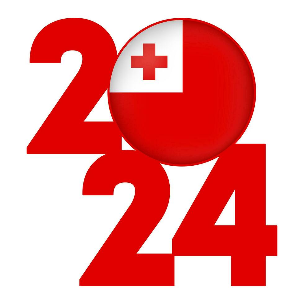 Happy New Year 2024 banner with Tonga flag inside. Vector illustration.