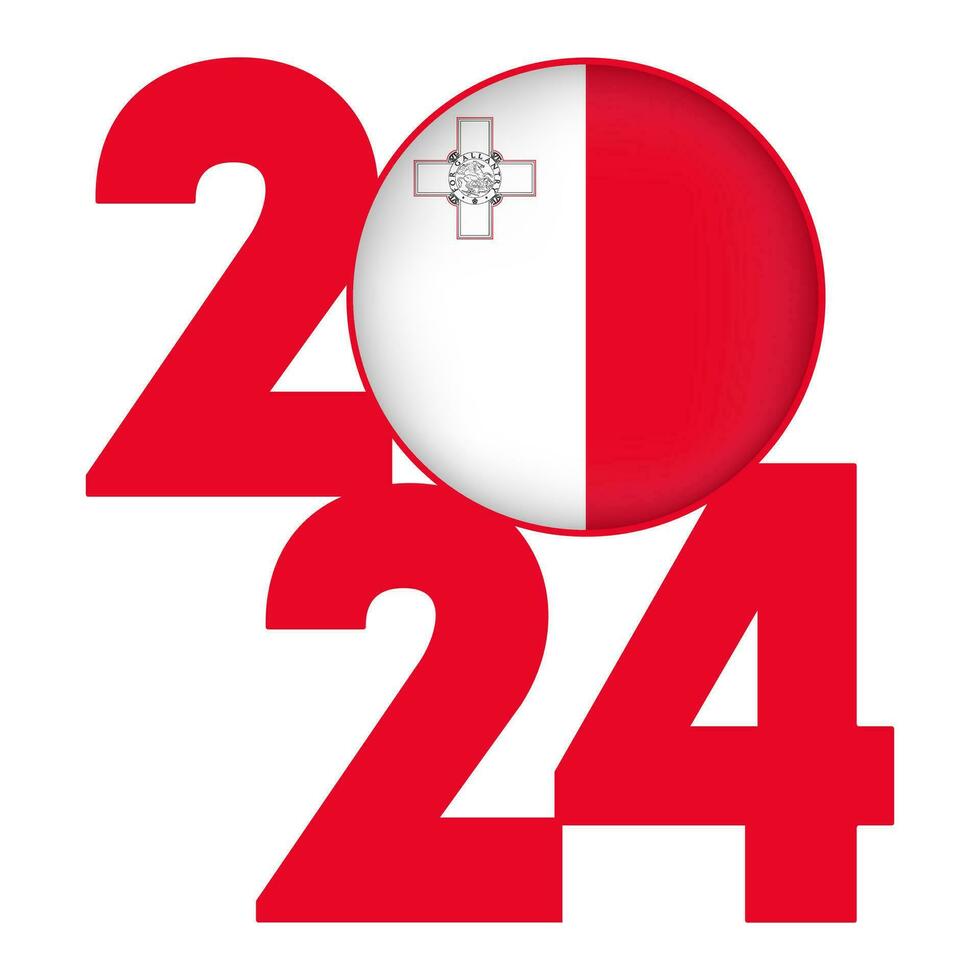 Happy New Year 2024 banner with Malta flag inside. Vector illustration.