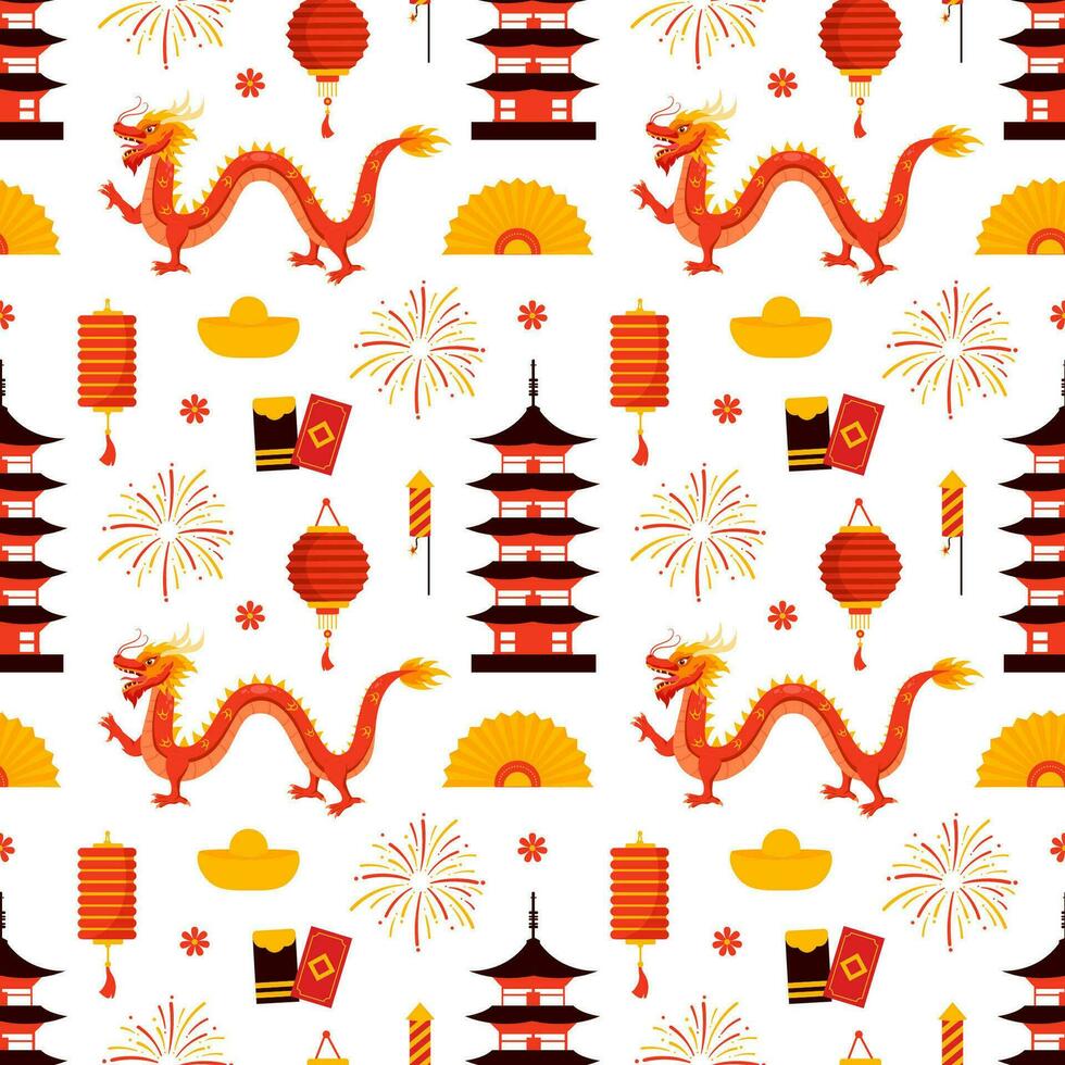 Happy Chinese New Year 2024 Seamless Pattern Design. Translation  Year of the Dragon. with Lantern, Dragons and China Elements in Flat Illustration vector