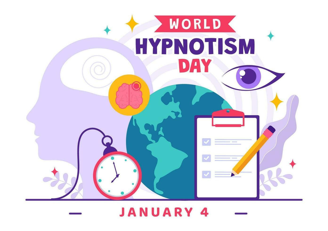 mundo hipnotismo día vector ilustración en 4 4 enero con negro y blanco espirales creando un alterado estado de mente para tratamiento servicios