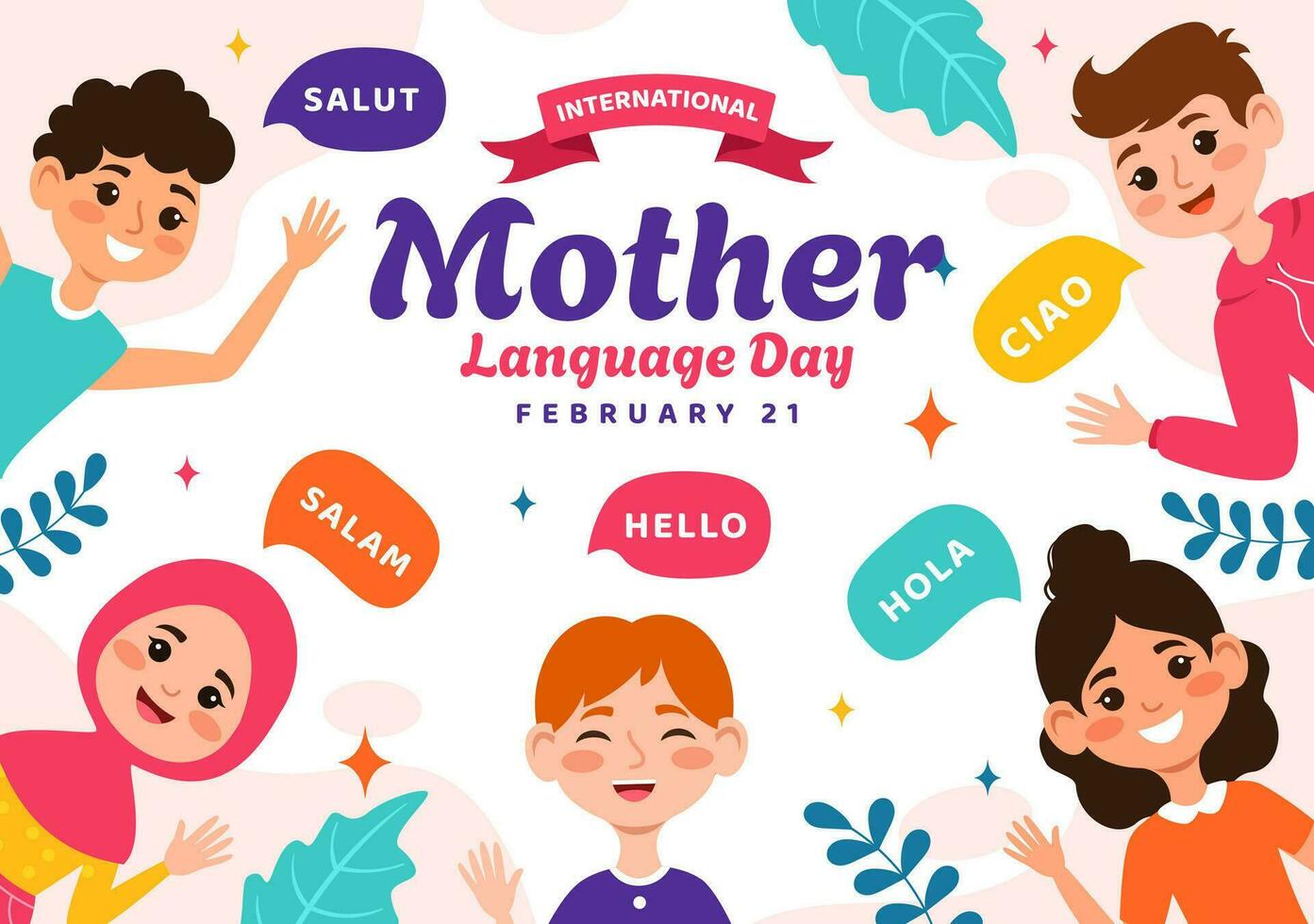 International Mother Language Day Vector Illustration on February 21 with Mom Says Hello in Several World Languages in Flat Kids Cartoon Background