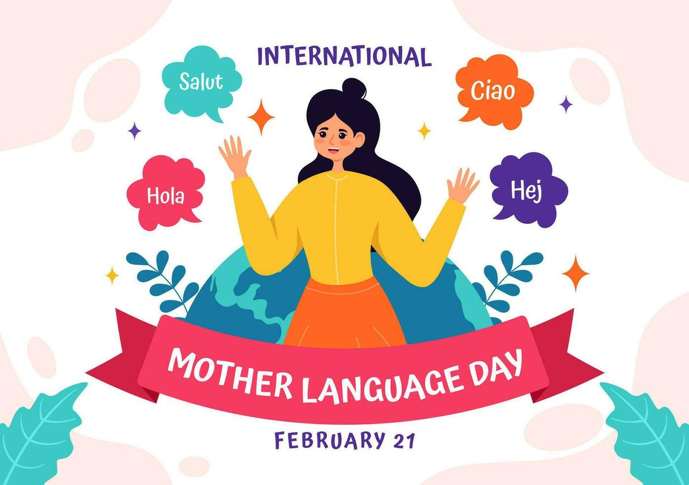 internacional madre idioma día vector ilustración en febrero 21 con mamá dice Hola en varios mundo idiomas en plano niños dibujos animados antecedentes