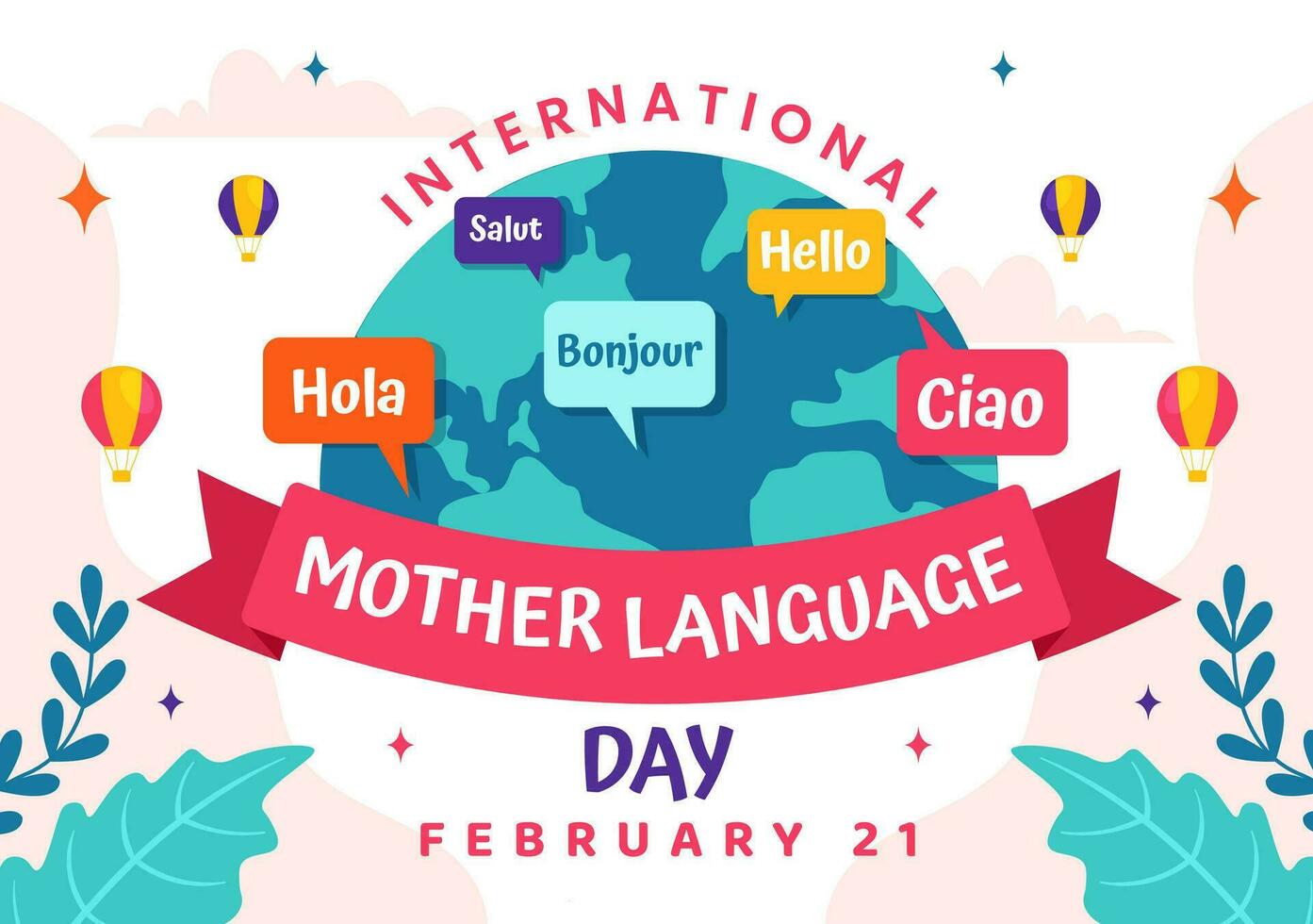 internacional madre idioma día vector ilustración en febrero 21 con mamá dice Hola en varios mundo idiomas en plano niños dibujos animados antecedentes