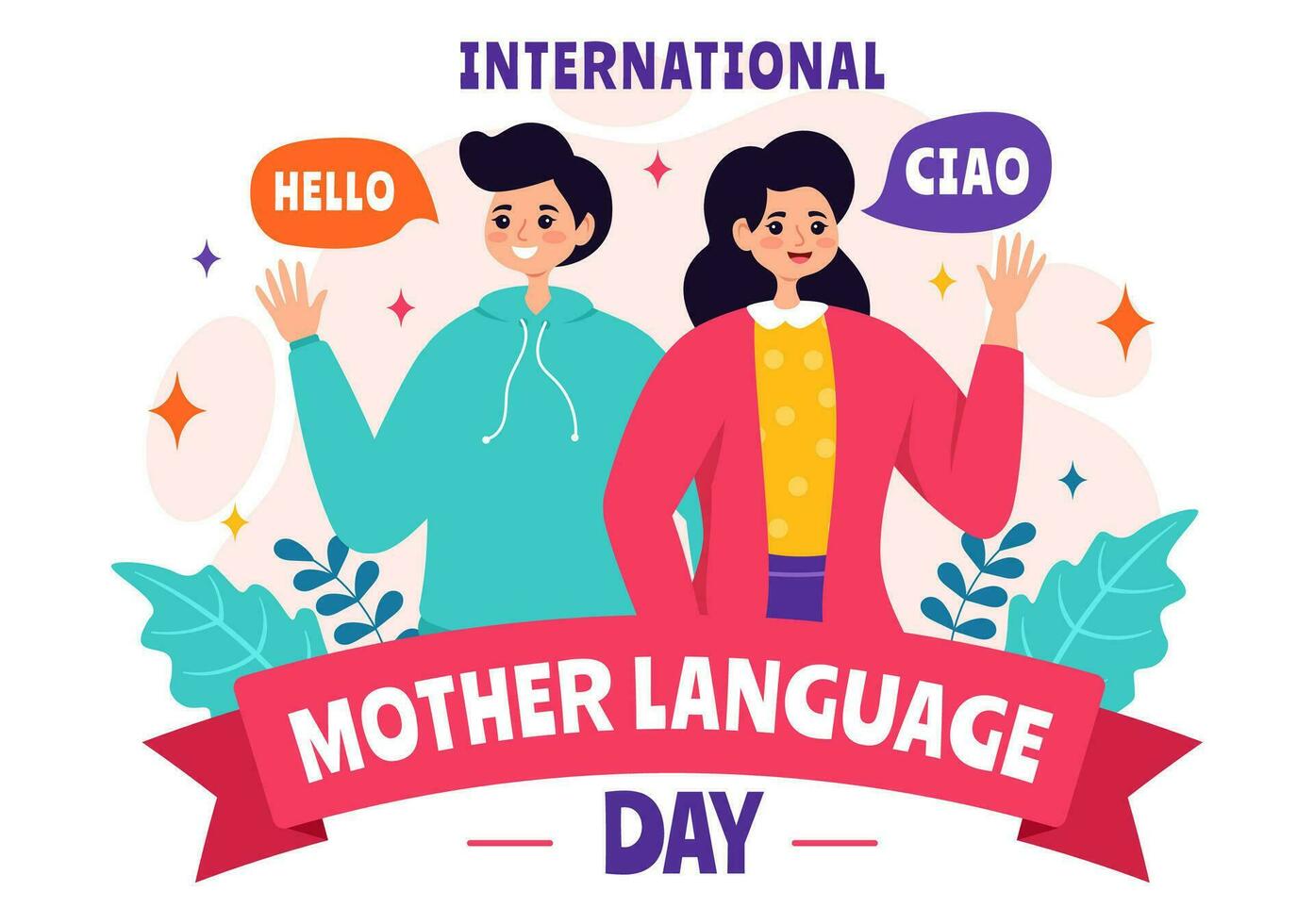 internacional madre idioma día vector ilustración en febrero 21 con mamá dice Hola en varios mundo idiomas en plano niños dibujos animados antecedentes