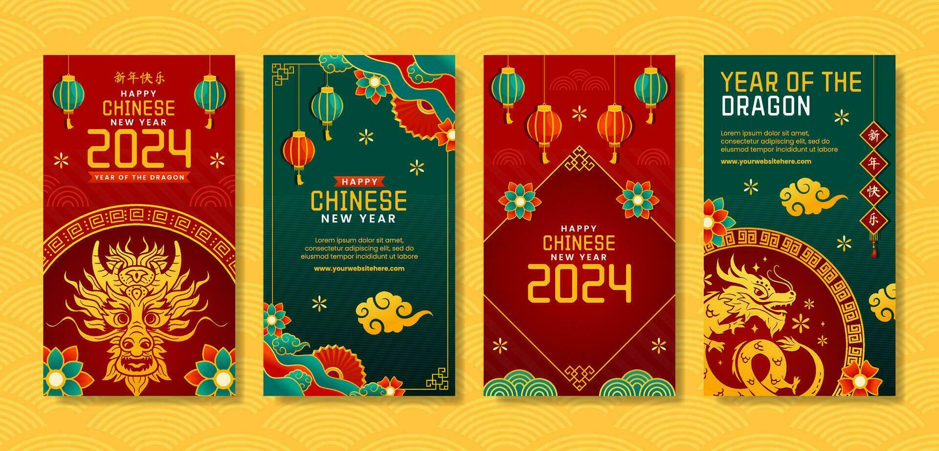 Chinese New Year 2024 Social Media Stories Illustration Flat Cartoon Hand Drawn Templates Background vector