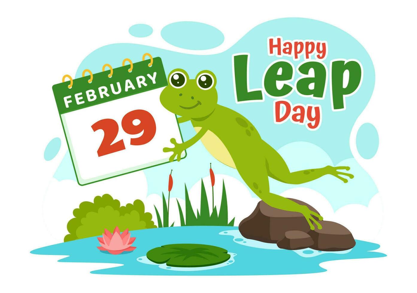 contento salto día vector ilustración en 29 febrero con saltando ranas y estanque antecedentes en fiesta celebracion plano dibujos animados diseño
