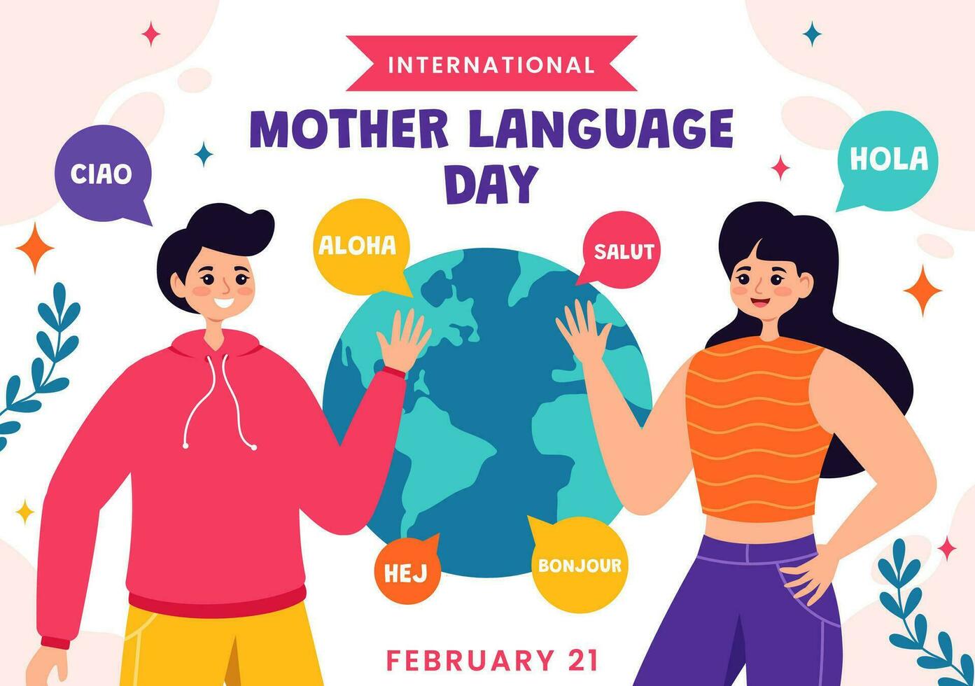 internacional madre idioma día vector ilustración en febrero 21 con mamá dice Hola en varios mundo idiomas en plano niños dibujos animados antecedentes