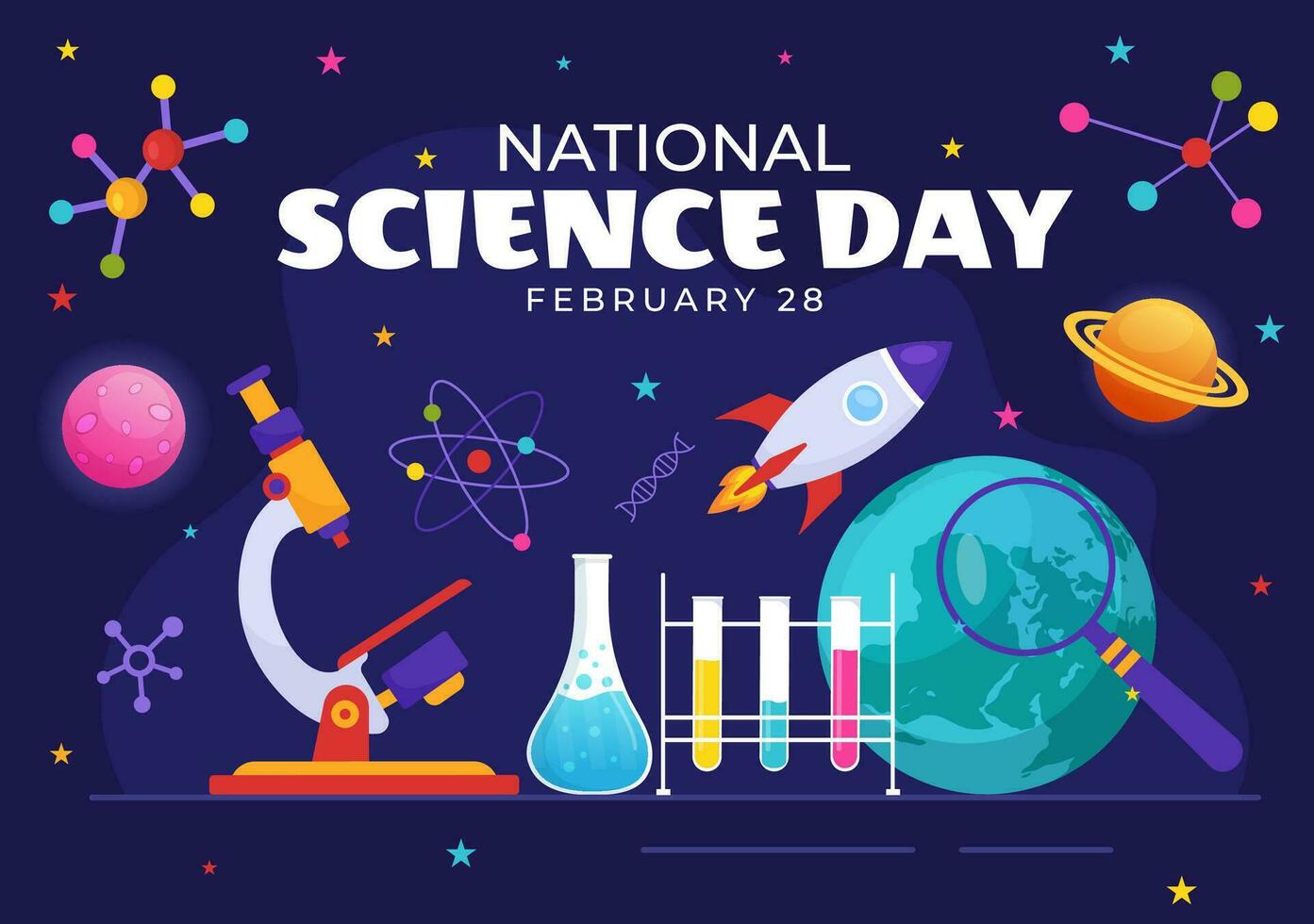 National Science Day Vector Illustration on February 28 Related to Chemical Liquid, Scientific, Medical and Research in Flat Cartoon Background
