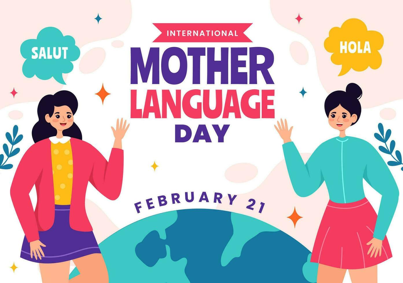 International Mother Language Day Vector Illustration on February 21 with Mom Says Hello in Several World Languages in Flat Kids Cartoon Background